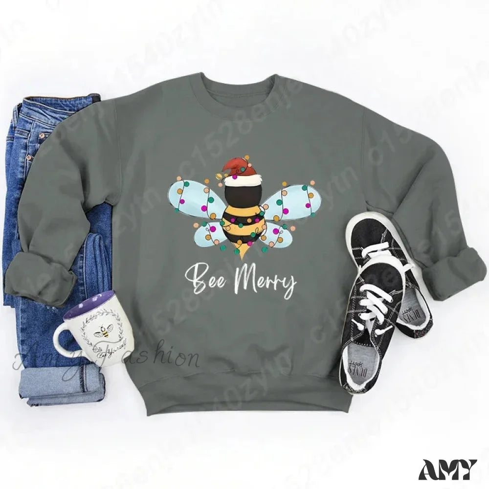 Festive Bee Letter Print Christmas Hoodie - Long Sleeve Multi / S