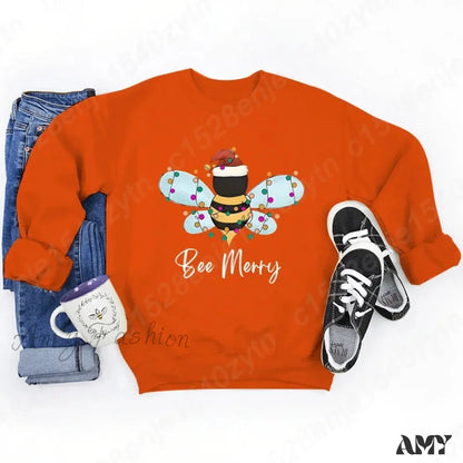 Festive Bee Letter Print Christmas Hoodie - Long Sleeve Orange / S