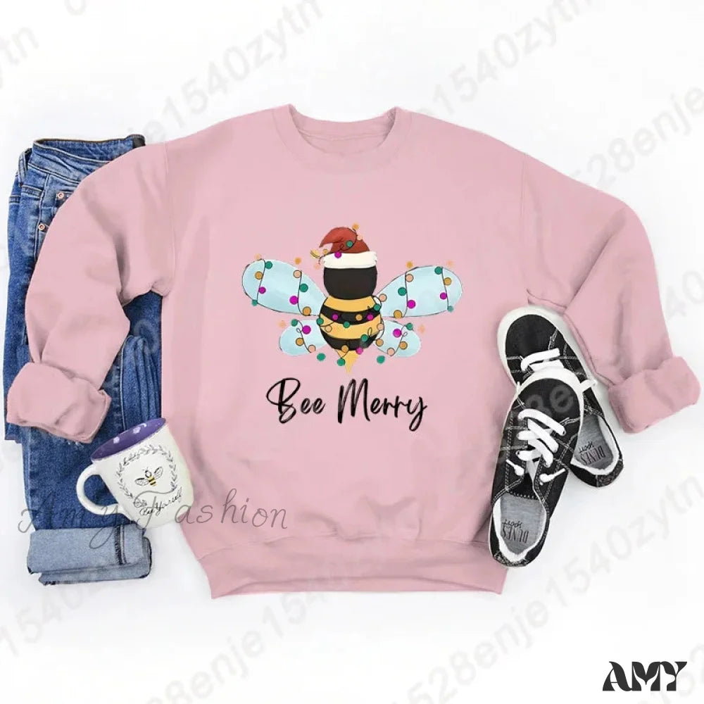 Festive Bee Letter Print Christmas Hoodie - Long Sleeve Pink / S