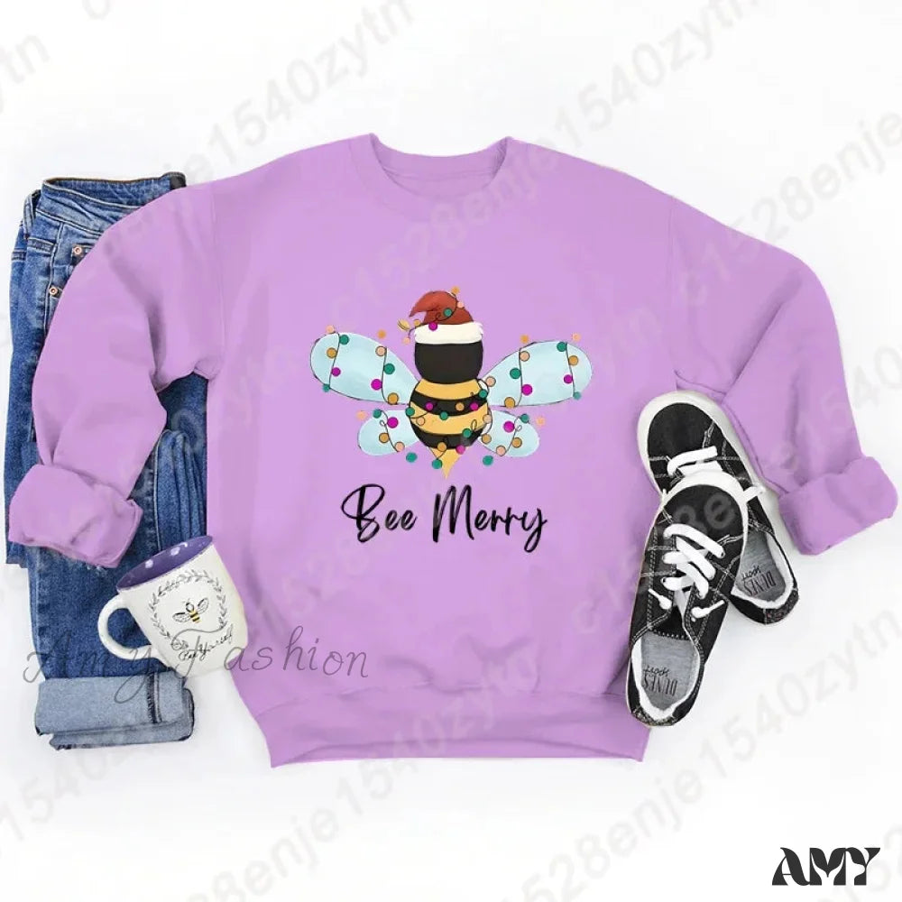 Festive Bee Letter Print Christmas Hoodie - Long Sleeve Purple / S