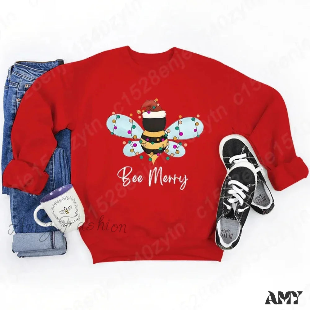 Festive Bee Letter Print Christmas Hoodie - Long Sleeve Red / S