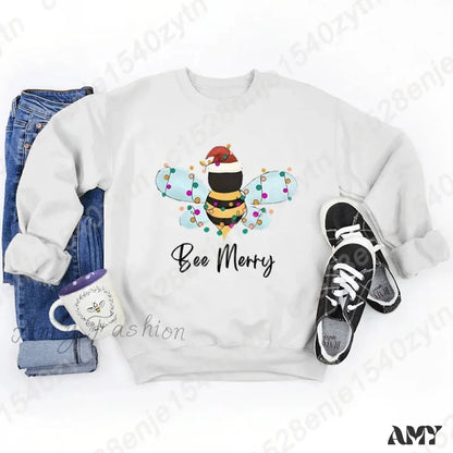 Festive Bee Letter Print Christmas Hoodie - Long Sleeve White / S