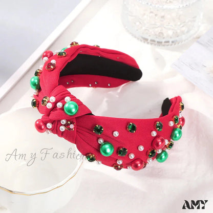 Festive Red Winter Wide Knotted Christmas Hair Accessory With Imitation Pearls Red 1