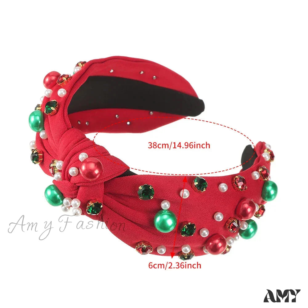 Festive Red Winter Wide Knotted Christmas Hair Accessory With Imitation Pearls