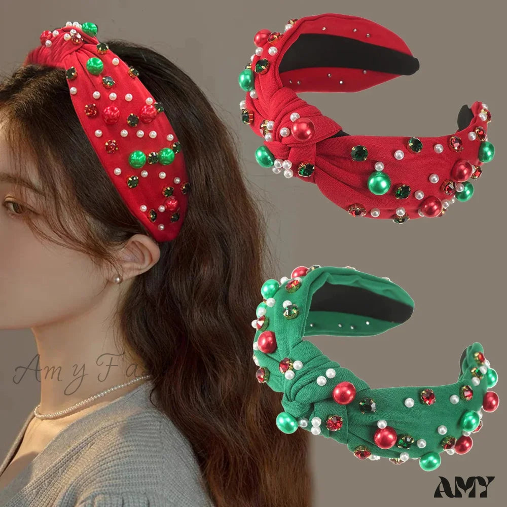 Festive Red Winter Wide Knotted Christmas Hair Accessory With Imitation Pearls