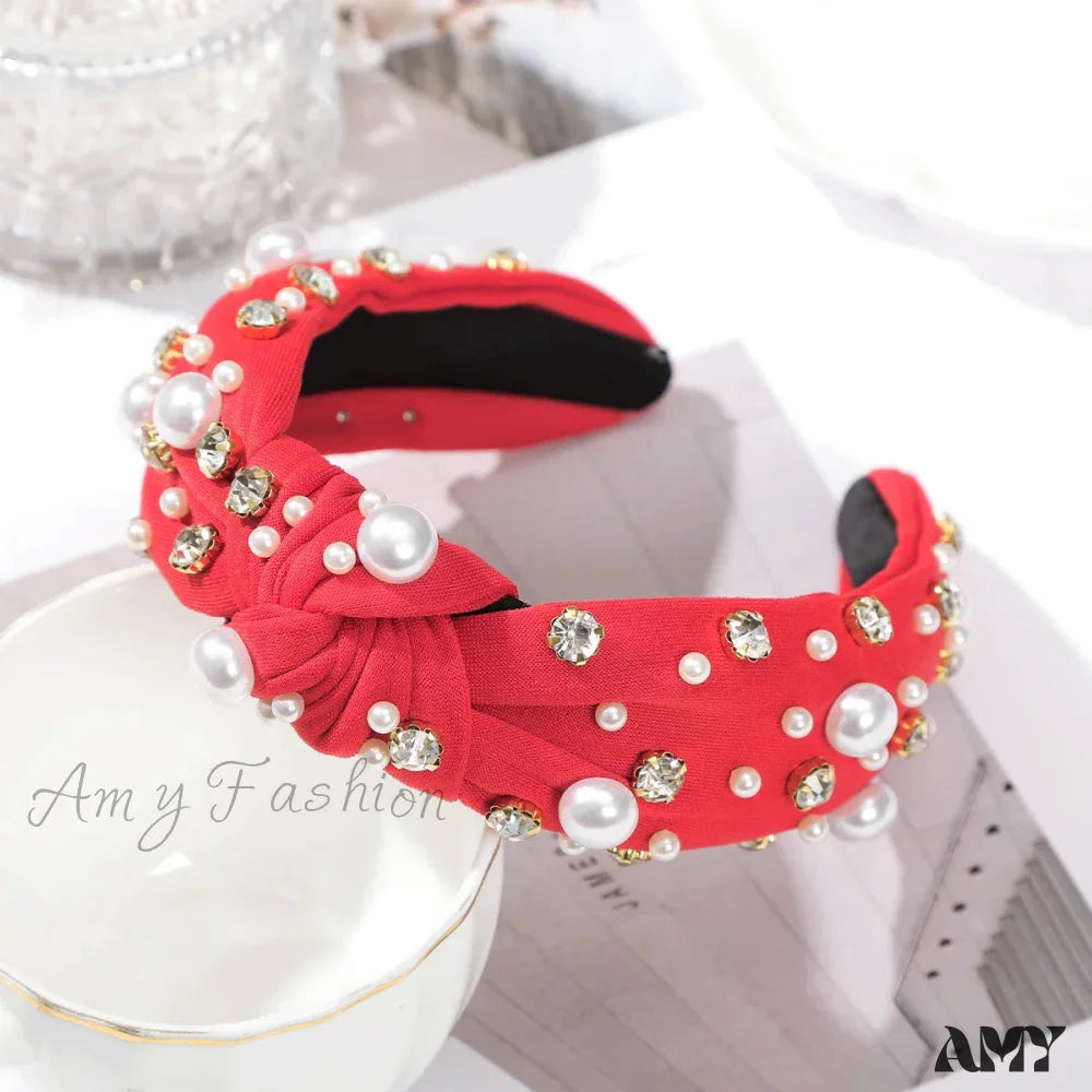 Festive Red Winter Wide Knotted Christmas Hair Accessory With Imitation Pearls Red