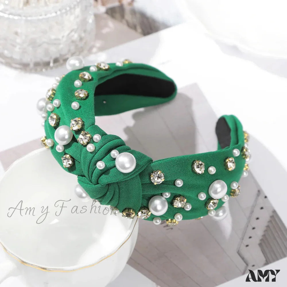 Festive Red Winter Wide Knotted Christmas Hair Accessory With Imitation Pearls Green 1