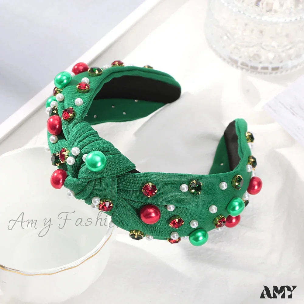 Festive Red Winter Wide Knotted Christmas Hair Accessory With Imitation Pearls Green