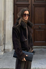 Faux Fur Collar Belted Suede Look Jacket
