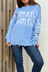 Loose Graffiti Letter Print Mid-Length Knit Sweater