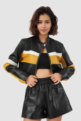 Sexy Contrast-Panel PU Stand-Collar Slim Crop Jacket
