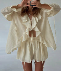 Ruffled Tie Top Shorts Two Piece Set