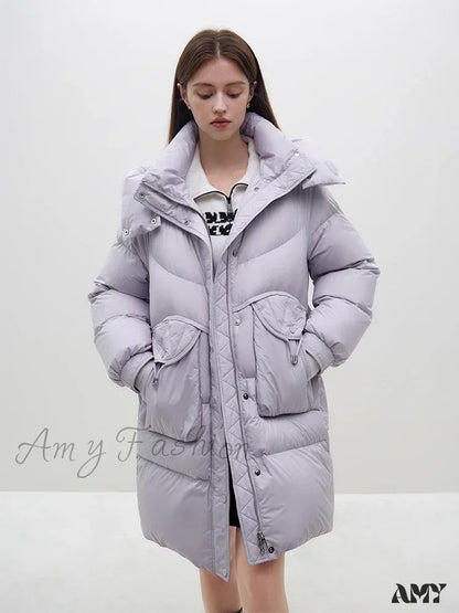 Filling Capacity Light Tea Brown Long Mid-Length Hooded Lightweight Coat Lavender / Xxs