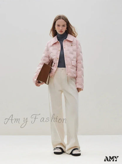 Filling Capacity Lightweight Thin Pink Short Down Shirt Style Coat / S