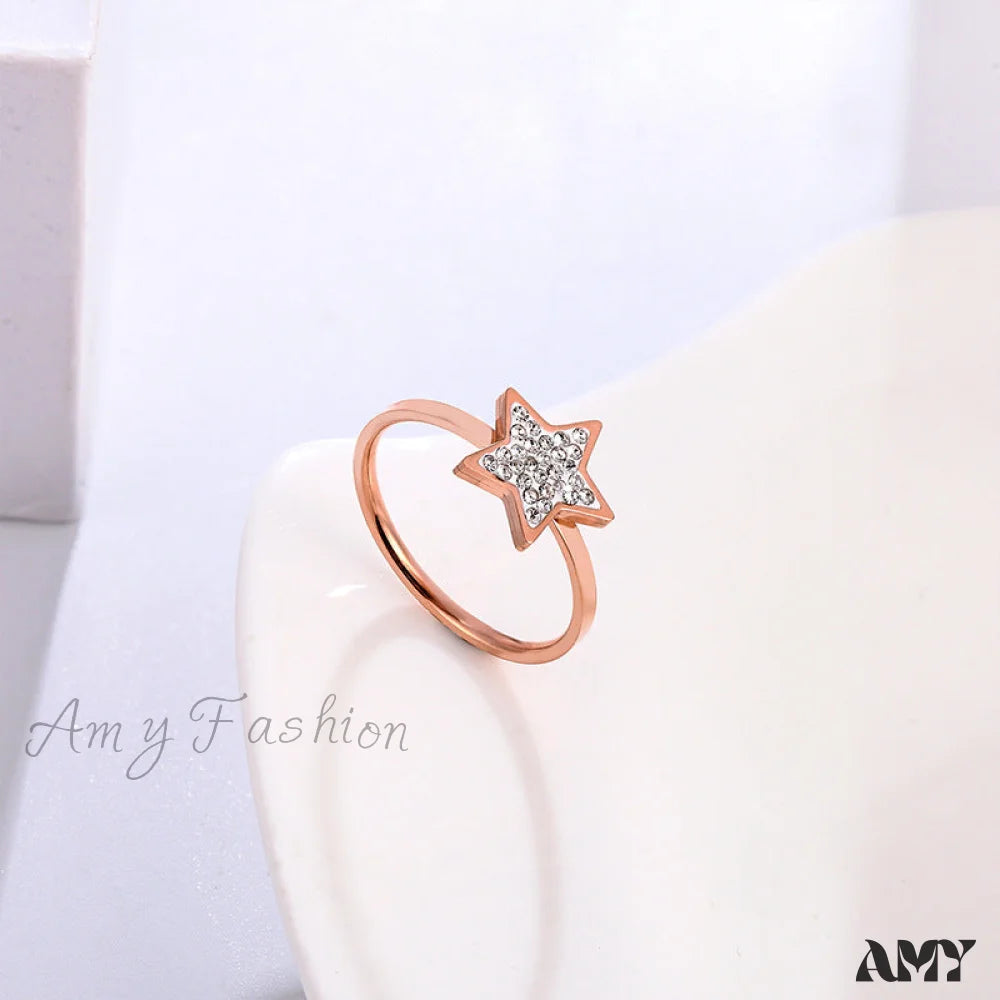 Five-Pointed Star Full Diamond Titanium Steel Ring