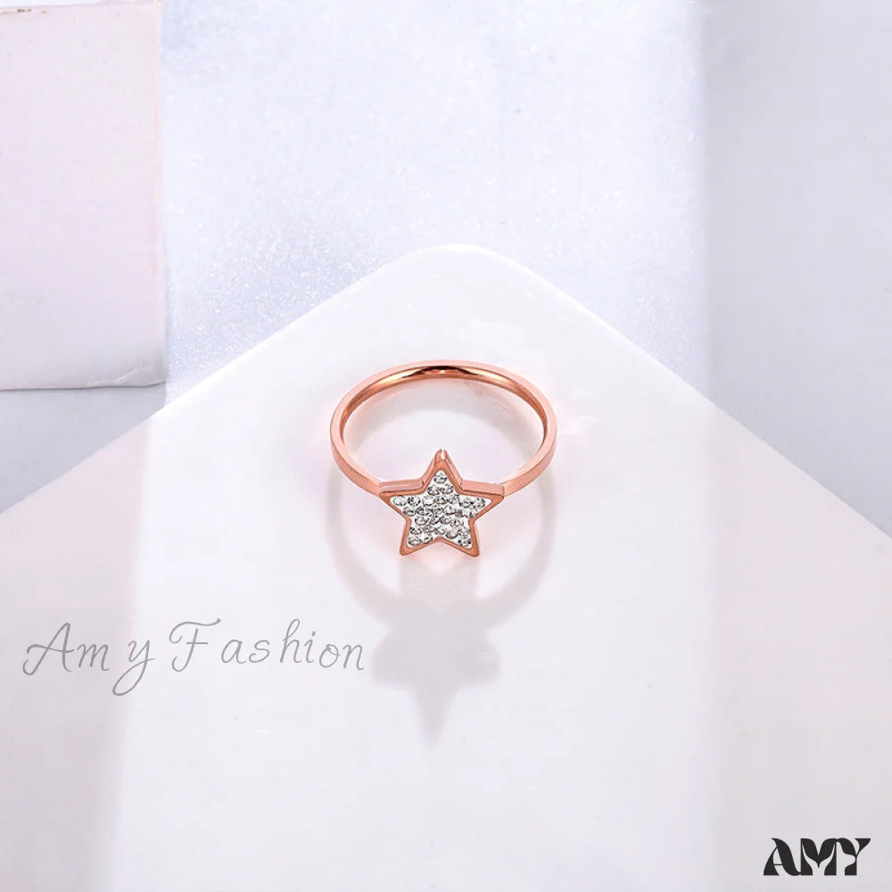 Five-Pointed Star Full Diamond Titanium Steel Ring Rose Gold / 6