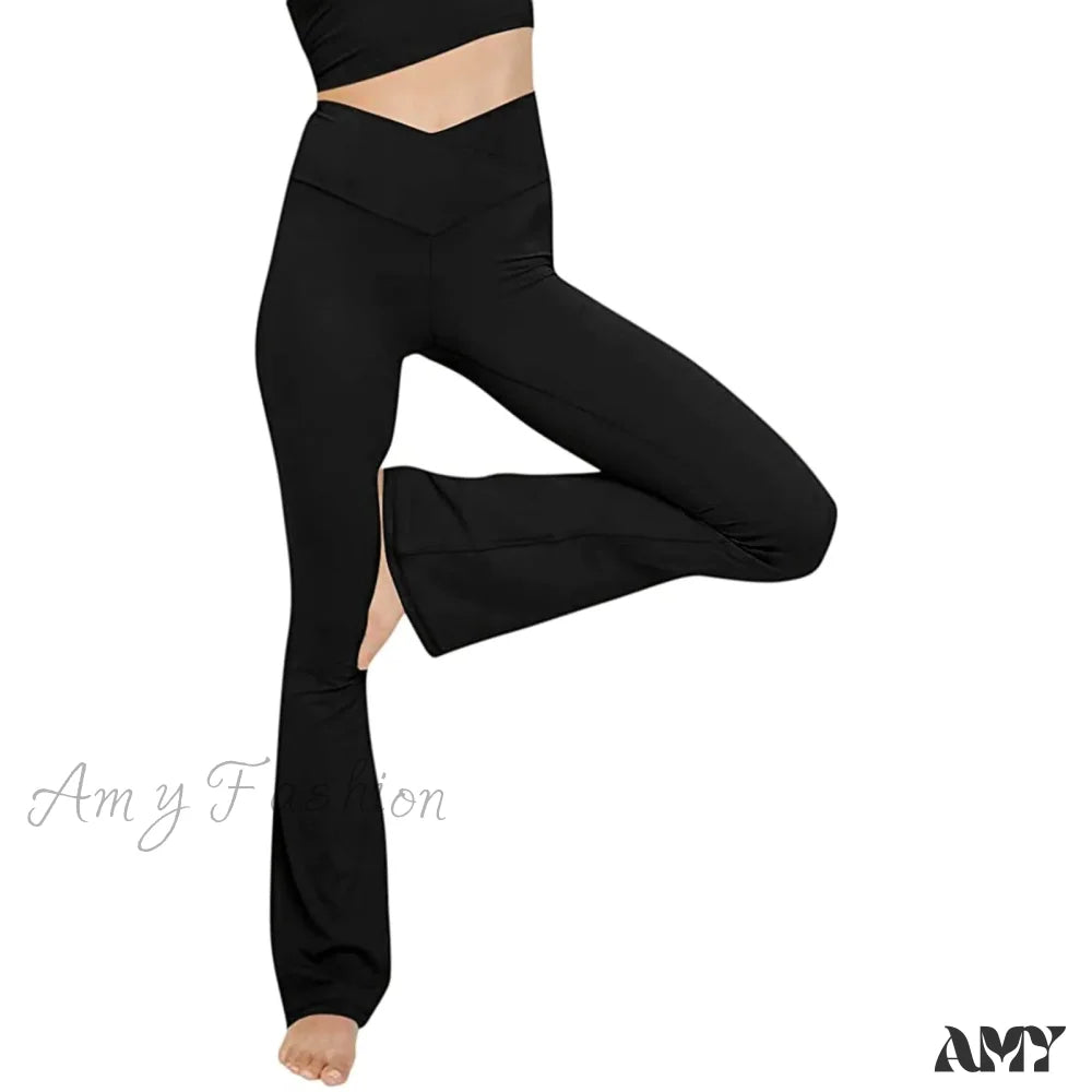 Flare High Waist Wide Leg Yoga Pants Seamless Fitness Workout Tights Casual Slimming Leggings Black