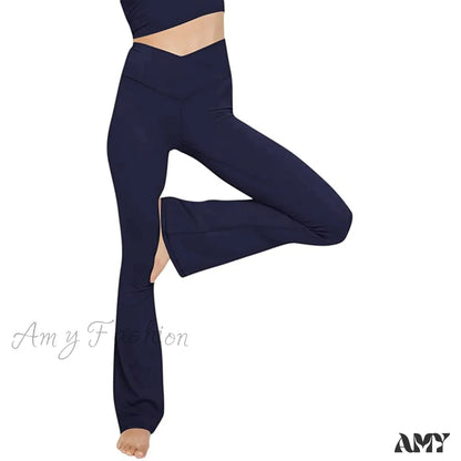 Flare High Waist Wide Leg Yoga Pants Seamless Fitness Workout Tights Casual Slimming Leggings Navy