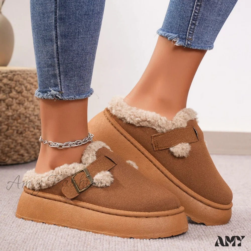 Fleece Thick Sole Outdoor Slip-On Cotton Moccasin Winter New Women’s Snow Boots Shoes Dark Brown