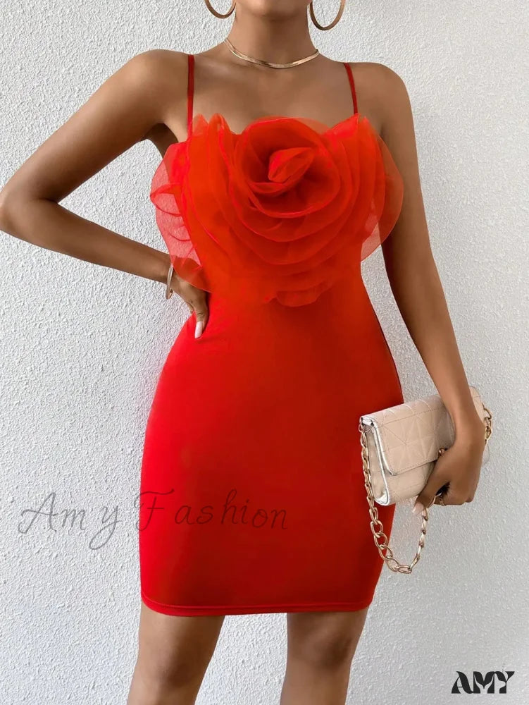 Floral Cami Braces Backless Red Christmas Party Dress