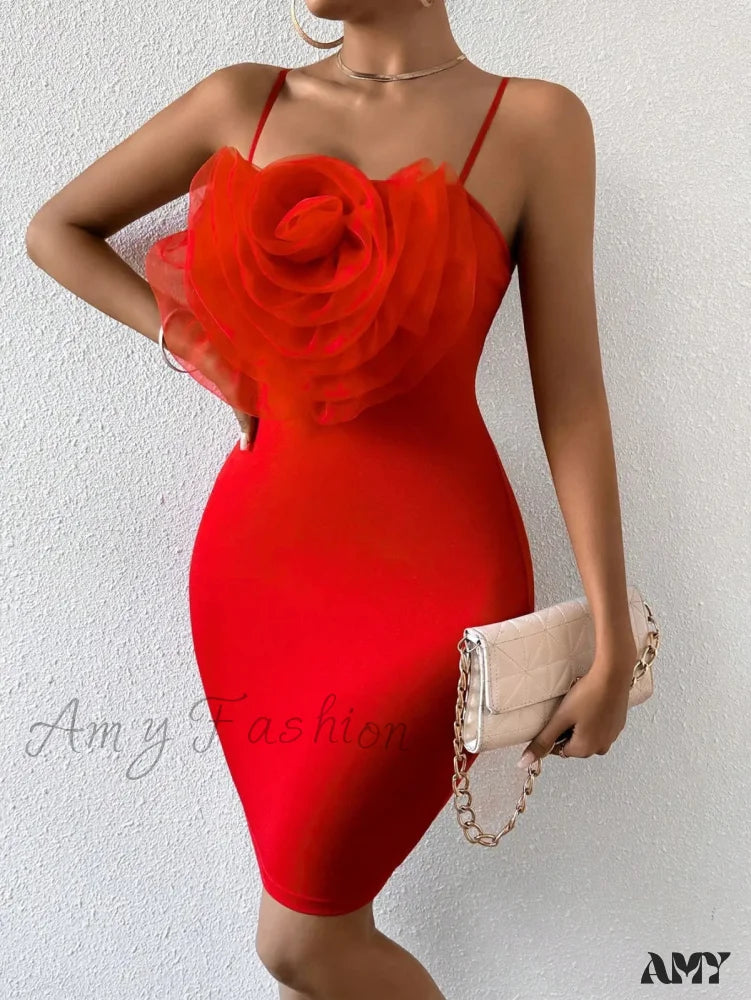 Floral Cami Braces Backless Red Christmas Party Dress / S