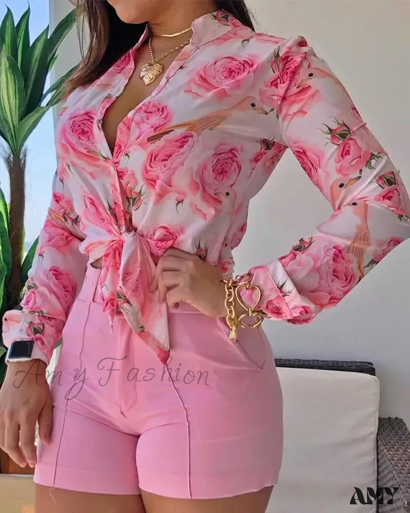 Floral Printed Tie Knot Top And Shorts Sets Blouse