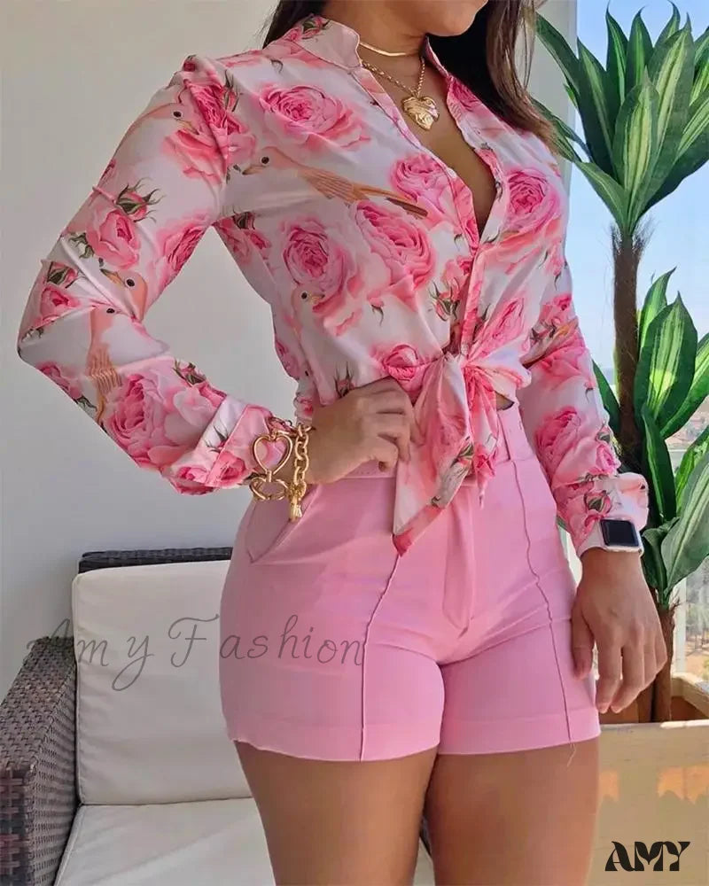 Floral Printed Tie Knot Top And Shorts Sets Blouse