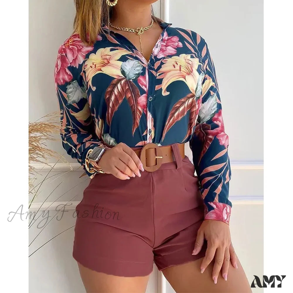 Floral Printed Tie Knot Top And Shorts Sets Blouse