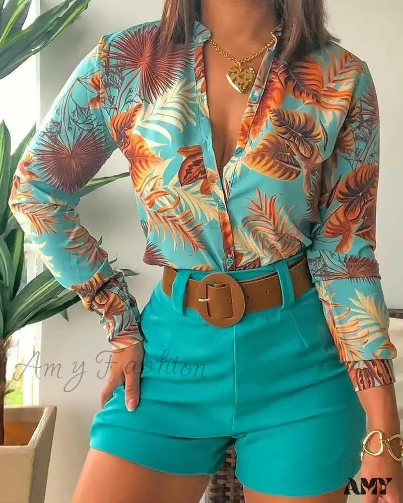Floral Printed Tie Knot Top And Shorts Sets Blouse Green / S