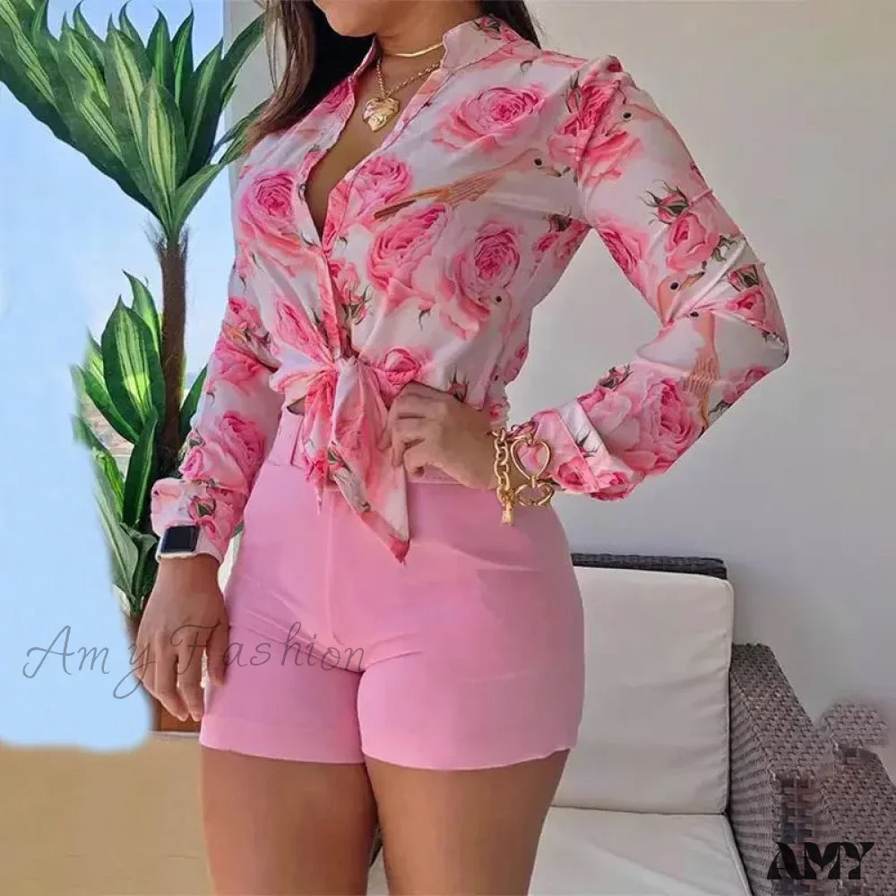 Floral Printed Tie Knot Top And Shorts Sets Blouse Pink / S