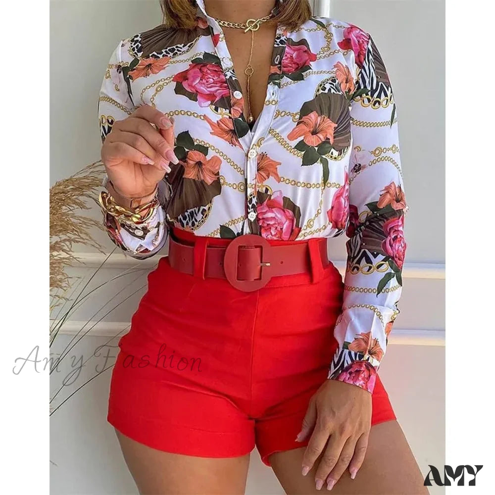 Floral Printed Tie Knot Top And Shorts Sets Blouse Red / S