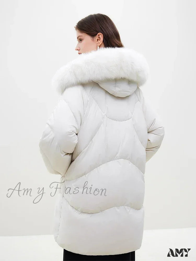 Fox Fur Detachable Hooded Mid-Length Black Gentle White Female Long Coat White / Xxs