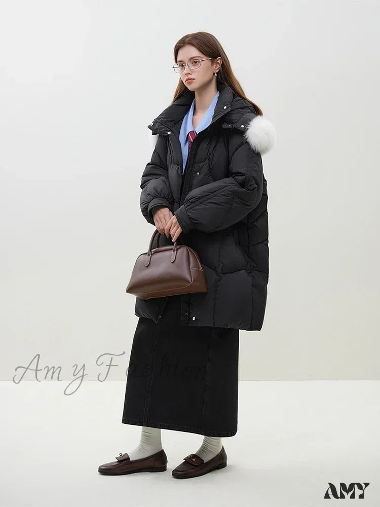 Fox Fur Detachable Hooded Mid-Length Black Gentle White Female Long Coat / Xxs