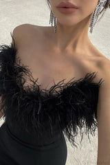 Frayed Edge V-Neck Strapless Fitted Maxi Party Dress