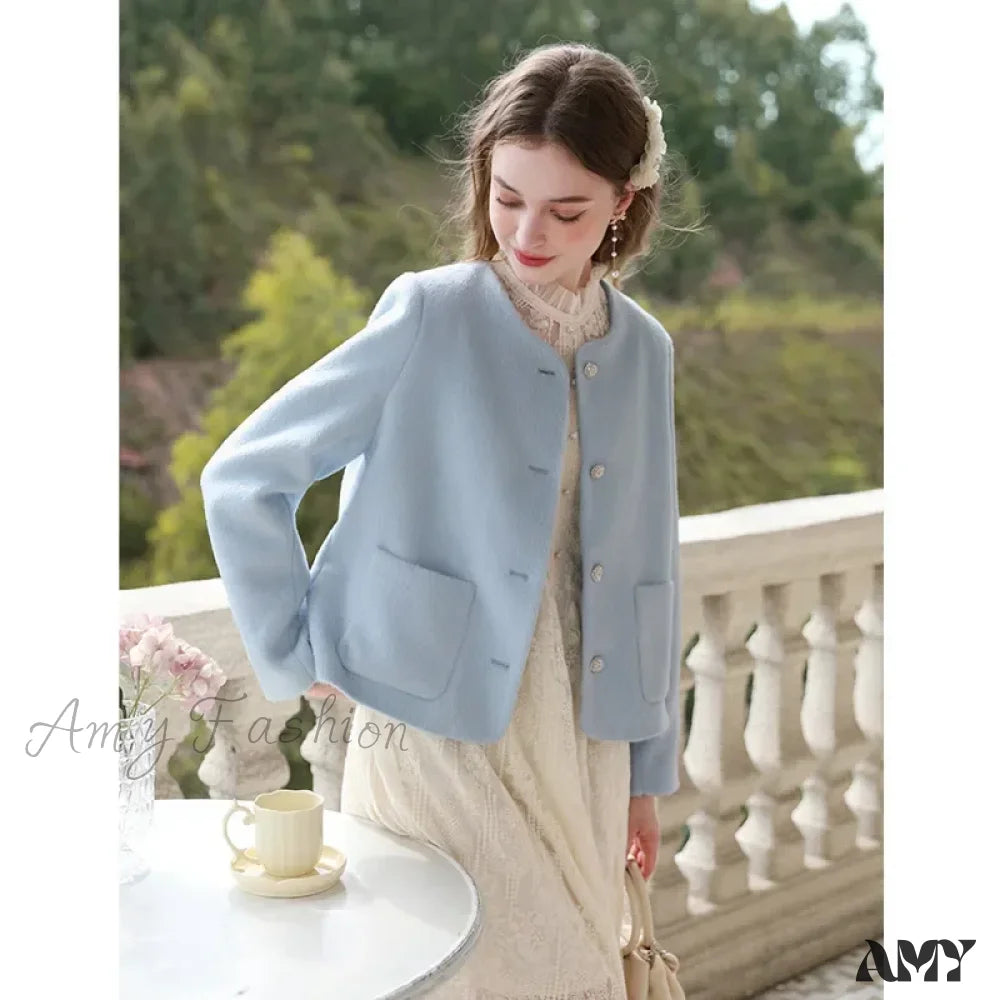 French Small Fragrant Cotton Thick Warm Short Wool Trendy Coat Baby Blue / M