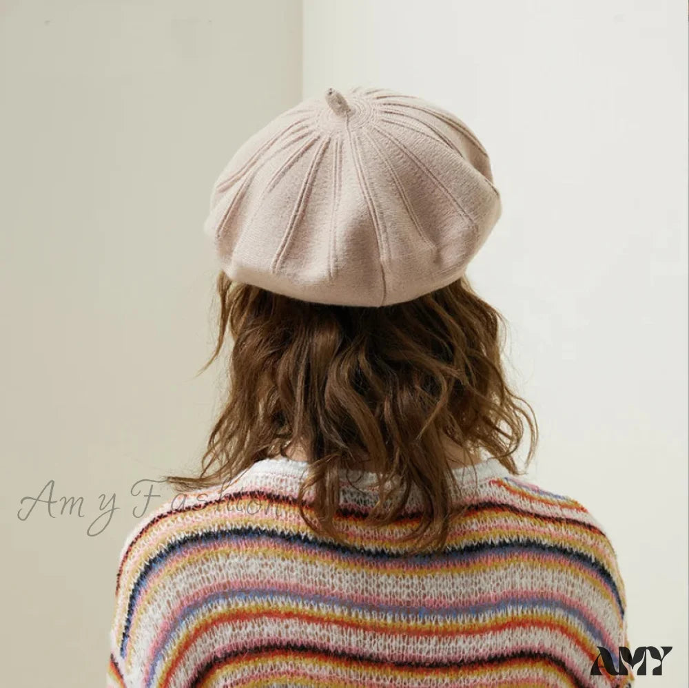 French Stripe Plaid Military Top Painter Beret Women Hat - Wool Knitted