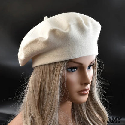 French Stripe Plaid Military Top Painter Beret Women Hat - Wool Knitted Beige