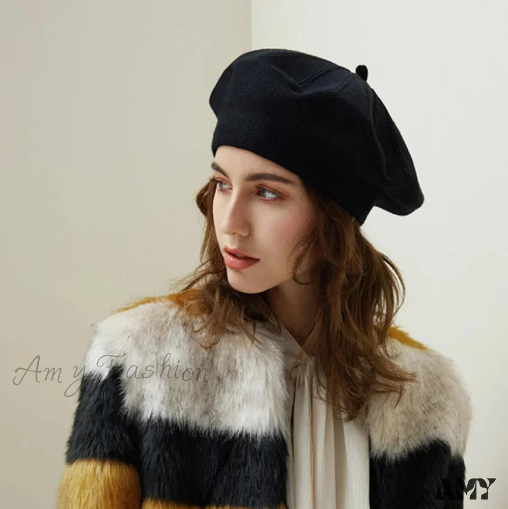 French Stripe Plaid Military Top Painter Beret Women Hat - Wool Knitted Black