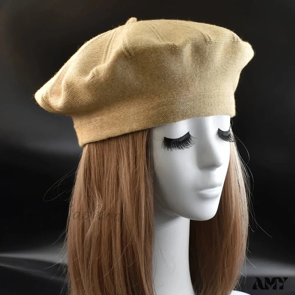 French Stripe Plaid Military Top Painter Beret Women Hat - Wool Knitted Khaki