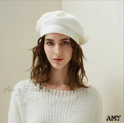 French Stripe Plaid Military Top Painter Beret Women Hat - Wool Knitted White