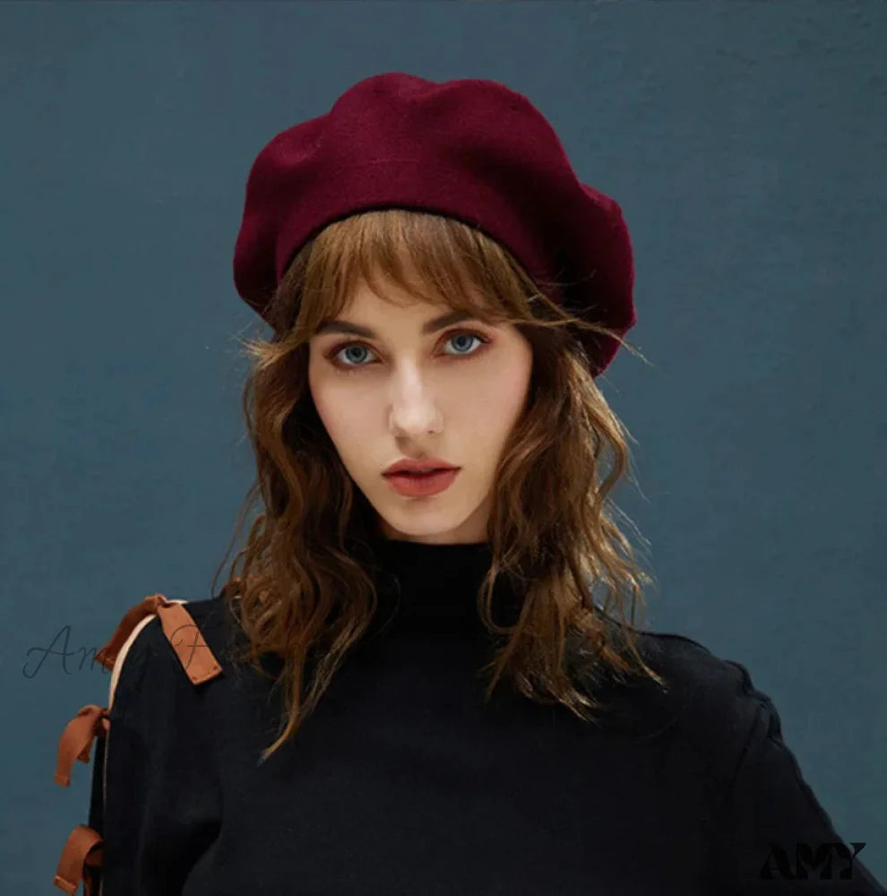 French Stripe Plaid Military Top Painter Beret Women Hat - Wool Knitted Wine Red