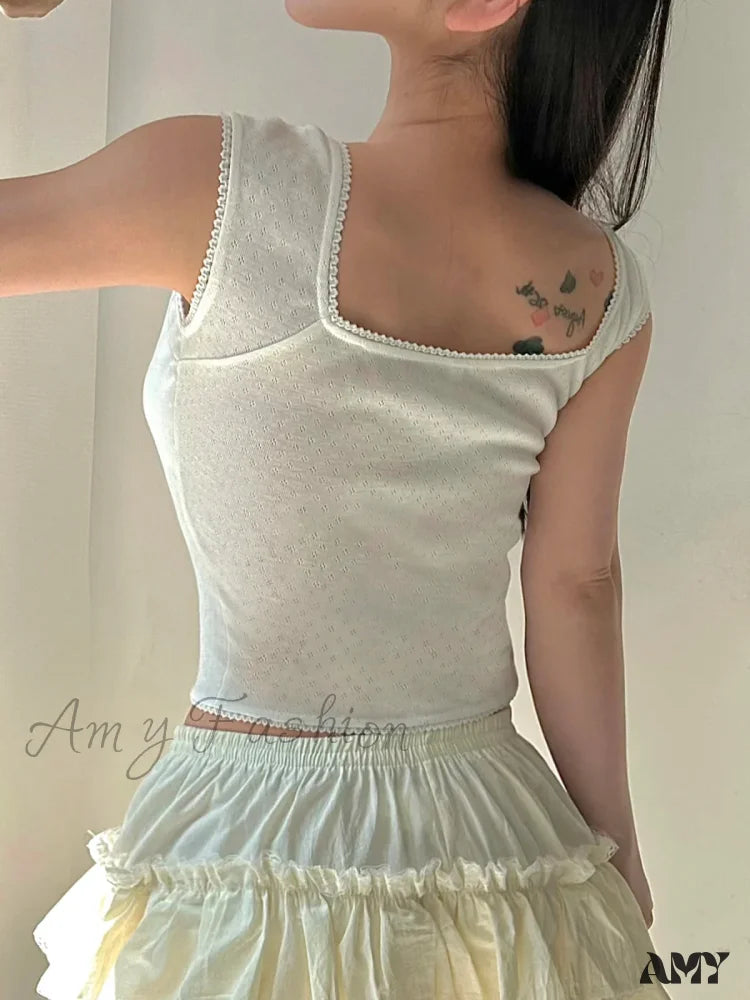 Frills Bow Square Collar Cute Y2K Solid Sleeveless Basic Knit Sweet Crop Top