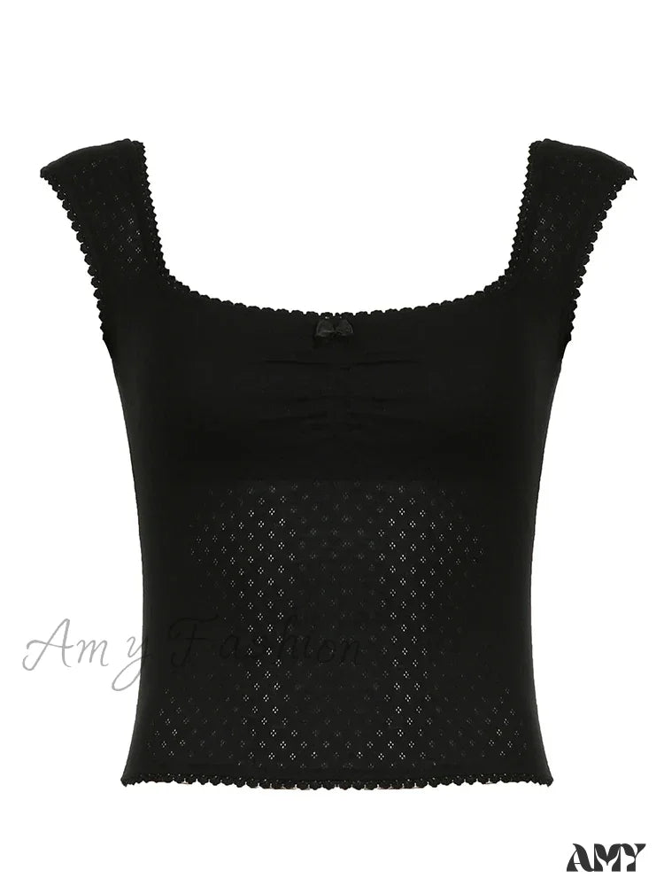 Frills Bow Square Collar Cute Y2K Solid Sleeveless Basic Knit Sweet Crop Top Black / S