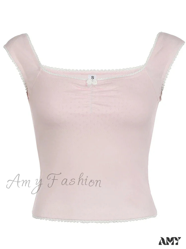 Frills Bow Square Collar Cute Y2K Solid Sleeveless Basic Knit Sweet Crop Top Pink / S