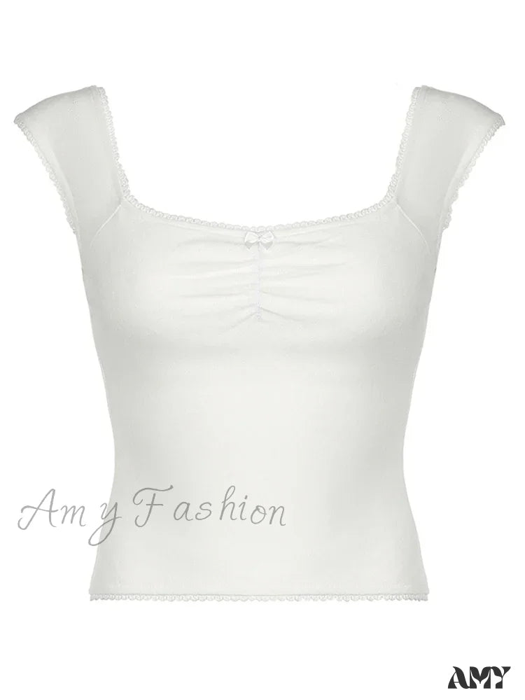 Frills Bow Square Collar Cute Y2K Solid Sleeveless Basic Knit Sweet Crop Top White / S