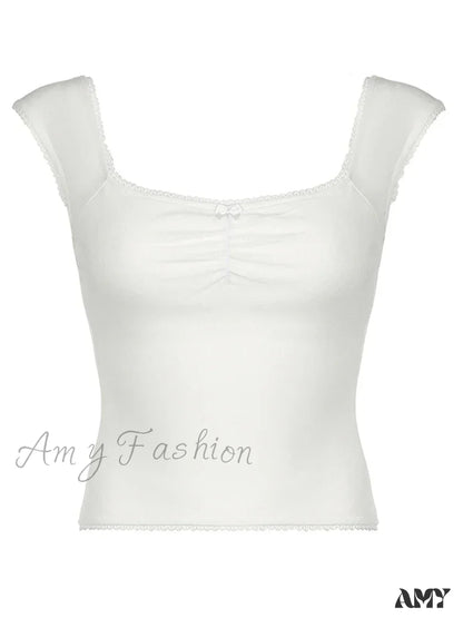 Frills Bow Square Collar Cute Y2K Solid Sleeveless Basic Knit Sweet Crop Top White / S