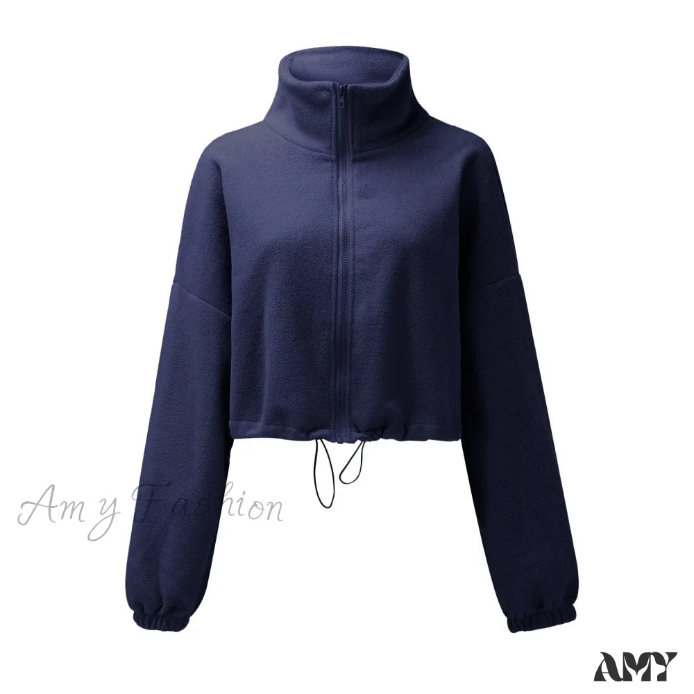 Full Zip Fleece Warm Long Sleeve Stand Collar Crop Hoodie