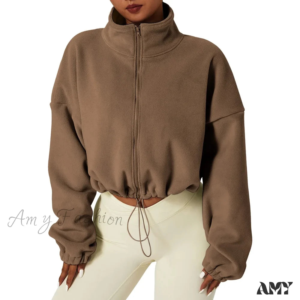 Full Zip Fleece Warm Long Sleeve Stand Collar Crop Hoodie Brown / S