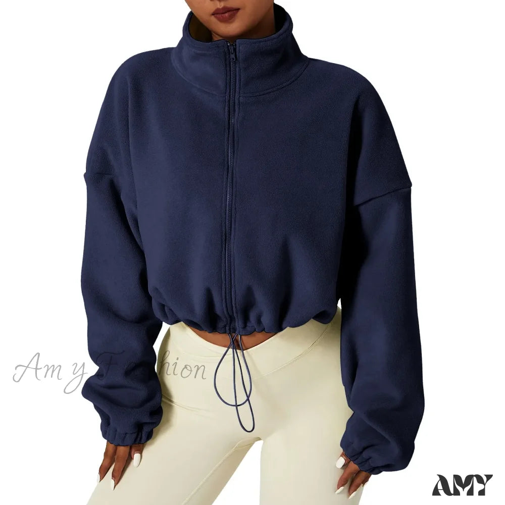 Full Zip Fleece Warm Long Sleeve Stand Collar Crop Hoodie Navy / S