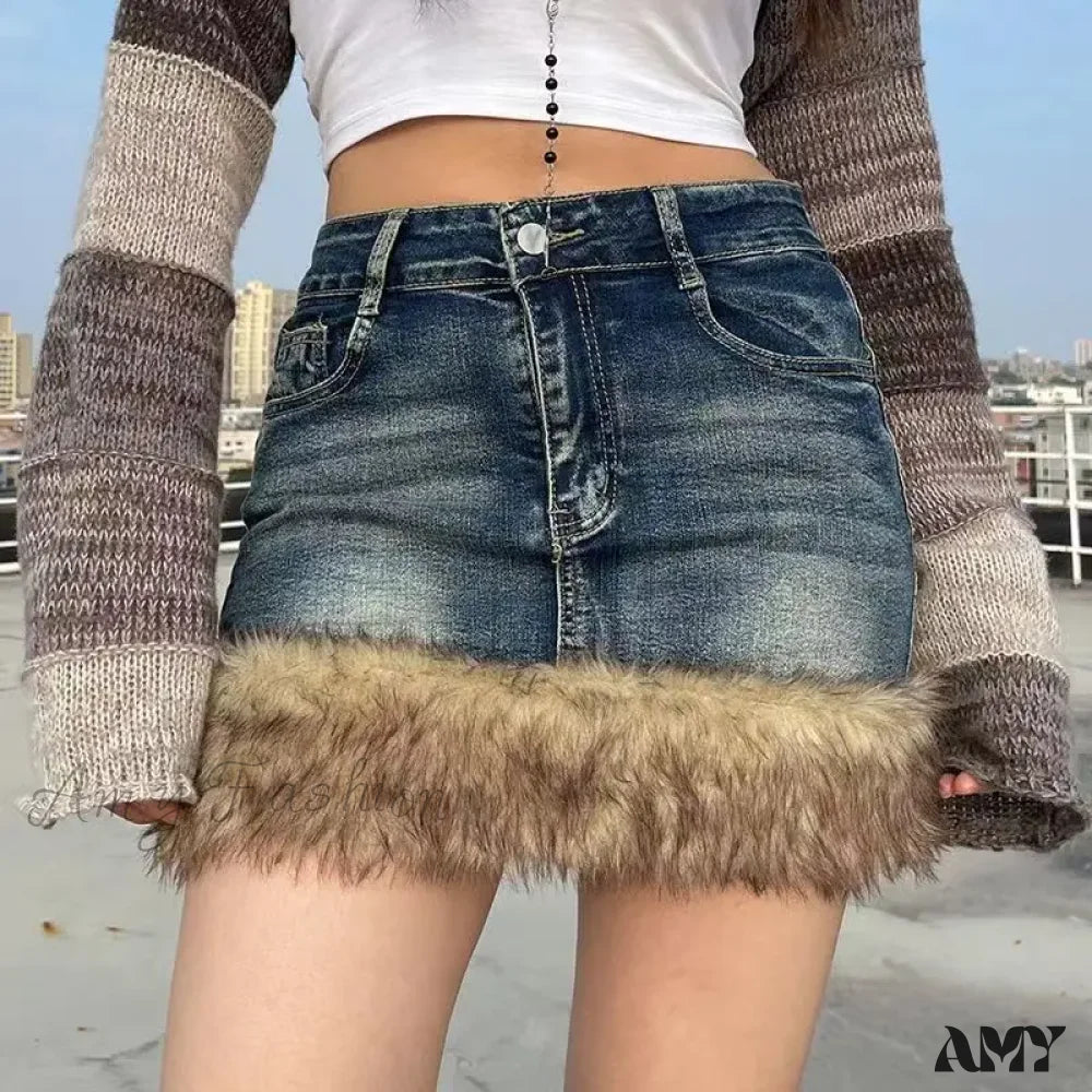 Fur Patchwork American Retro Sexy High Waist Mini Y2K Casual Streetwear A-Line Skirt